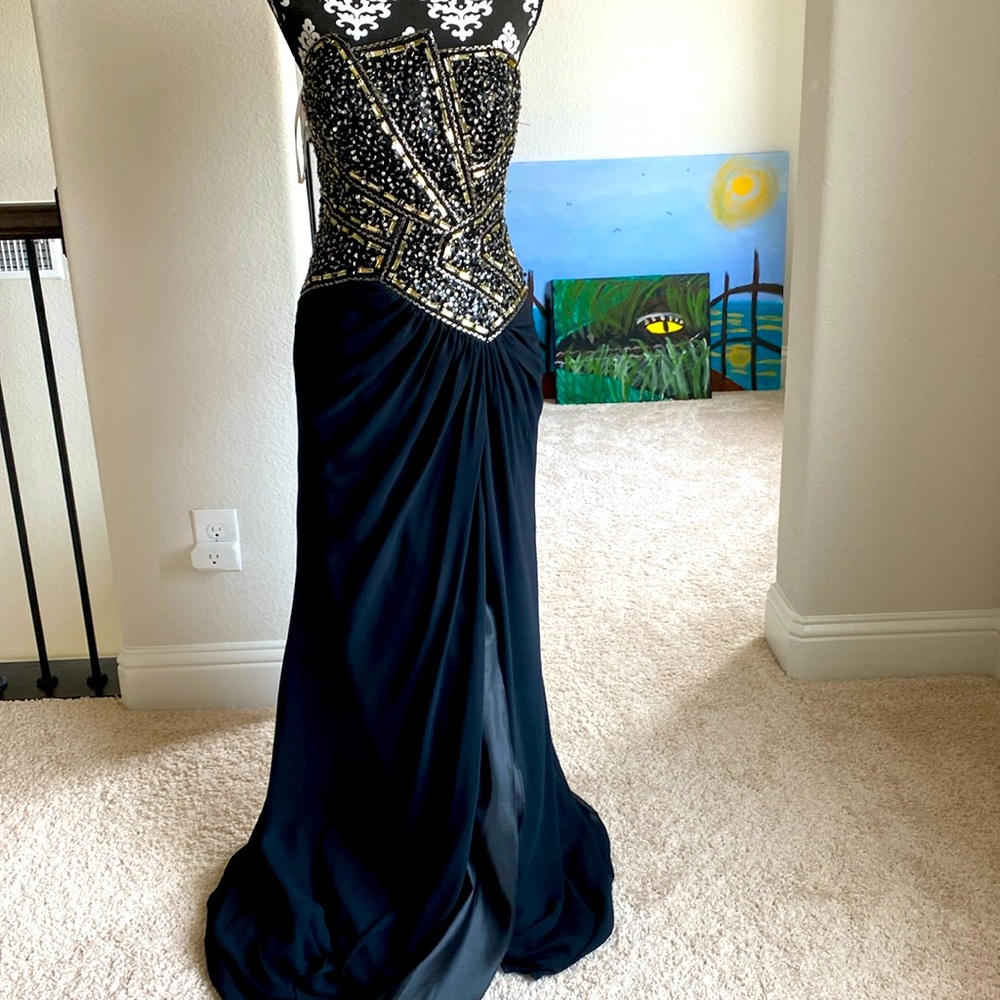 Terani Couture Black and Gold Prom Dress